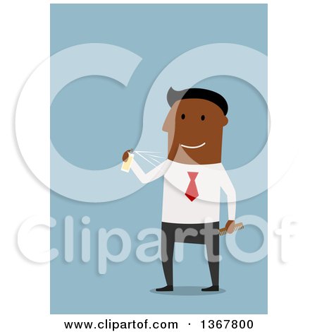 Clipart of a Flat Design Black Business Man Spraying on Cologne, on Blue - Royalty Free Vector Illustration by Vector Tradition SM