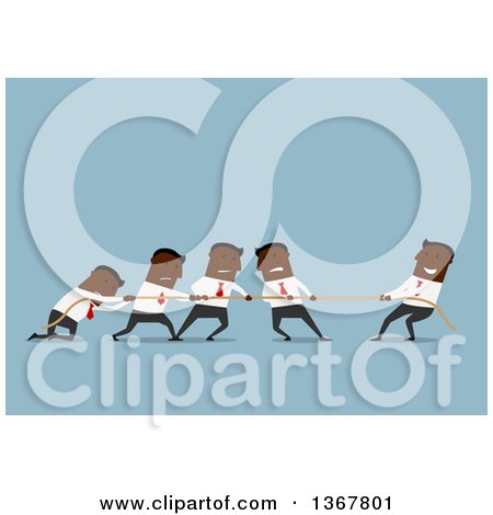 Clipart of a Flat Design Black Business Man Winning Tug of War Against a Team, on Blue - Royalty Free Vector Illustration by Vector Tradition SM