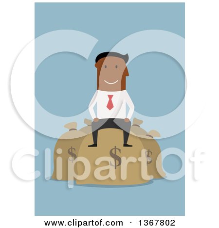 Clipart of a Flat Design Black Business Man Sitting on Money Bags, on Blue - Royalty Free Vector Illustration by Vector Tradition SM
