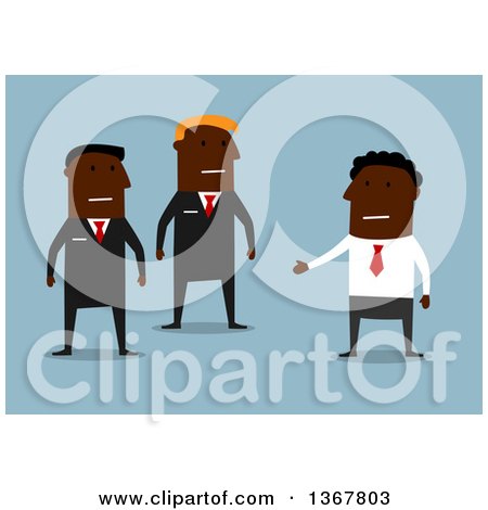 Clipart of a Flat Design Black Business Man Talking to Guards, on Blue - Royalty Free Vector Illustration by Vector Tradition SM