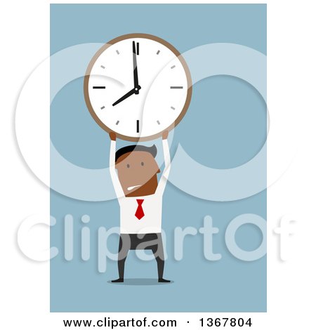 Clipart of a Flat Design Black Business Man Holding up a Clock, on Blue - Royalty Free Vector Illustration by Vector Tradition SM