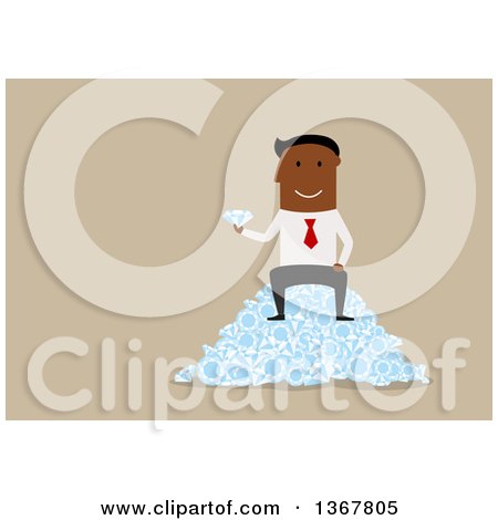 Clipart of a Flat Design Black Business Man Sitting on a Pile of Diamonds, on Tan - Royalty Free Vector Illustration by Vector Tradition SM
