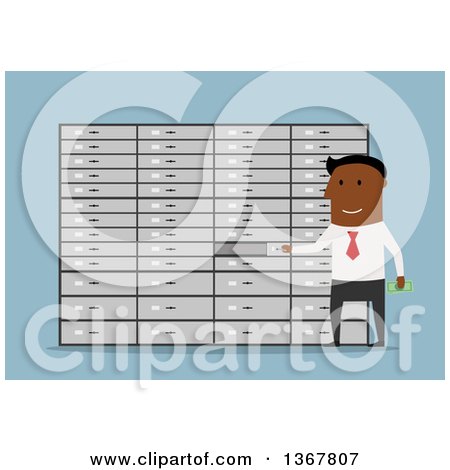 Clipart of a Flat Design Black Business Man Putting Something in a Deposit Box, on Blue - Royalty Free Vector Illustration by Vector Tradition SM