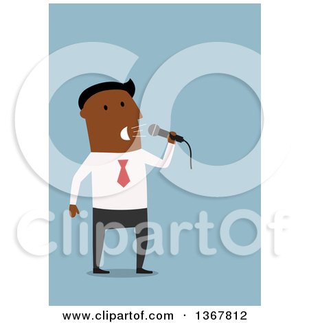 Clipart of a Flat Design Black Business Man Speaking into a Microphone, on Blue - Royalty Free Vector Illustration by Vector Tradition SM