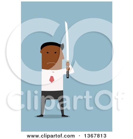 Clipart of a Flat Design Black Business Man Holding a Sword, on Blue - Royalty Free Vector Illustration by Vector Tradition SM