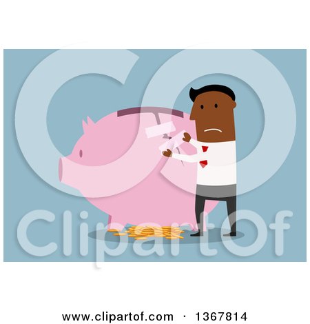 Clipart of a Flat Design Black Business Man Patching up a Broken Piggy Bank, on Blue - Royalty Free Vector Illustration by Vector Tradition SM