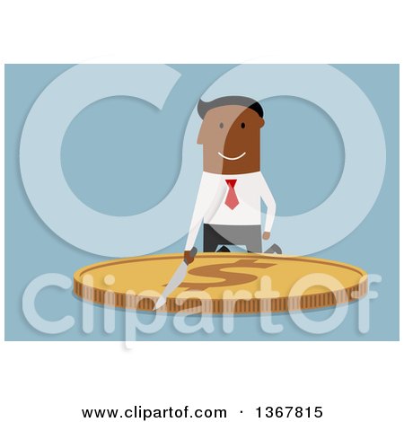 Clipart of a Flat Design Black Business Man Cutting a Coin, on Blue - Royalty Free Vector Illustration by Vector Tradition SM