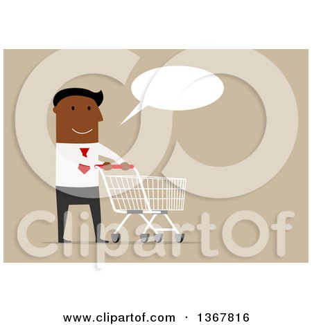 Clipart of a Flat Design Black Business Man Talking and Pushing a Shopping Cart, on Tan - Royalty Free Vector Illustration by Vector Tradition SM