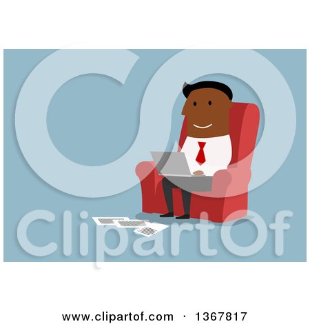 Clipart of a Flat Design Black Business Man Sitting in a Chair and Using a Laptop, on Blue - Royalty Free Vector Illustration by Vector Tradition SM