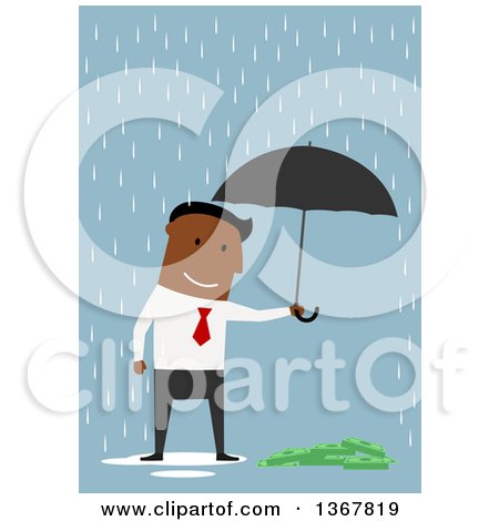 Clipart of a Flat Design Black Business Man Holding an Umbrella over Cash, on Blue - Royalty Free Vector Illustration by Vector Tradition SM