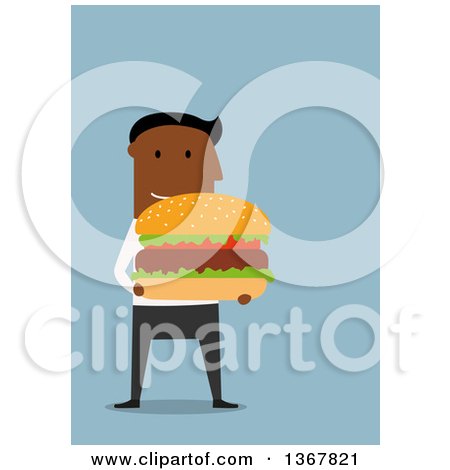 Clipart of a Flat Design Black Business Man Holding a Giant Hamburger, on Blue - Royalty Free Vector Illustration by Vector Tradition SM