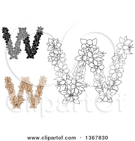 Clipart of Floral Uppercase Alphabet Letter W Designs - Royalty Free Vector Illustration by Vector Tradition SM