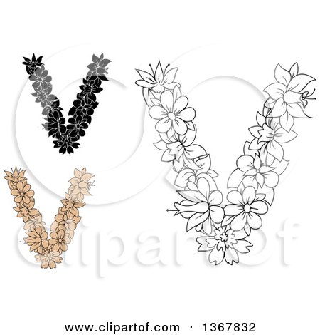 Clipart of Floral Uppercase Alphabet Letter V Designs - Royalty Free Vector Illustration by Vector Tradition SM