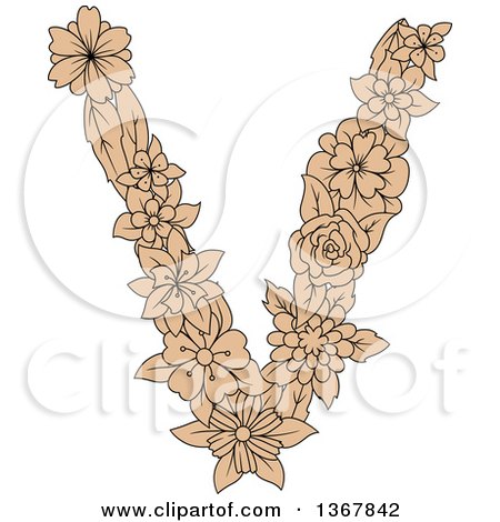 Clipart of a Tan Floral Lowercase Alphabet Letter V - Royalty Free Vector Illustration by Vector Tradition SM