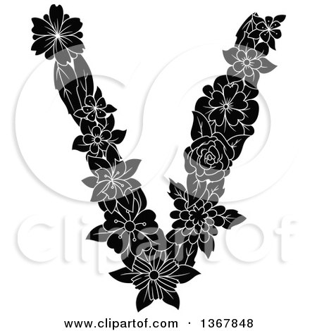 Clipart of a Black and White Floral Lowercase Alphabet Letter V - Royalty Free Vector Illustration by Vector Tradition SM