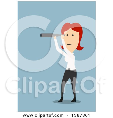 Clipart of a Flat Design White Business Woman Looking Through a Telescope, on Blue - Royalty Free Vector Illustration by Vector Tradition SM