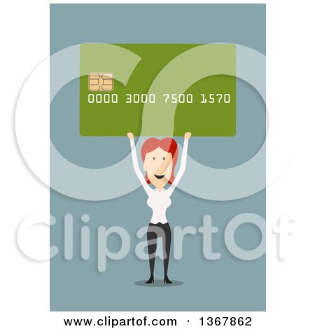 Clipart of a Flat Design White Business Woman Holding up a Credit Card, on Blue - Royalty Free Vector Illustration by Vector Tradition SM