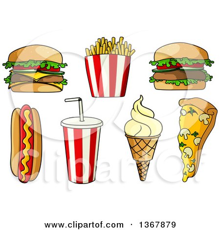 Clipart of a Cartoon Burers, Fries, a Hot Dog, Soda, Ice Cream and Pizza - Royalty Free Vector Illustration by Vector Tradition SM