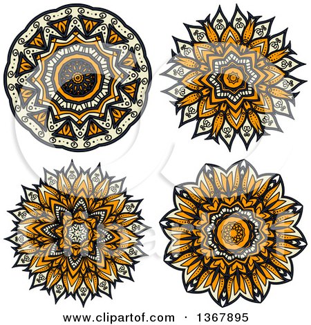 Clipart of Navy Blue, Orange and Pastel Yellow Kaleidoscope Flowers - Royalty Free Vector Illustration by Vector Tradition SM