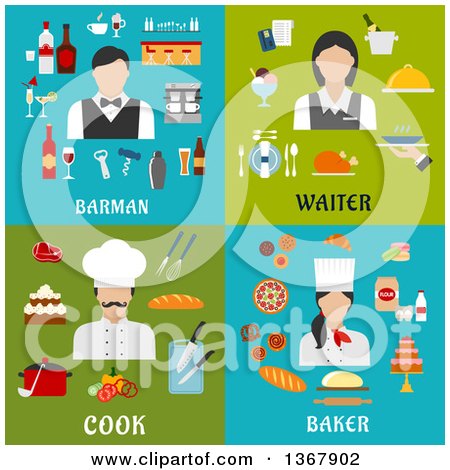 Clipart of Barman, Waiter, Cook and Baker Designs - Royalty Free Vector Illustration by Vector Tradition SM