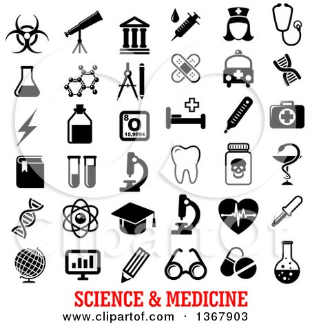 Clipart of Black and White Science and Medicine Icons with Text - Royalty Free Vector Illustration by Vector Tradition SM
