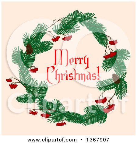 Clipart of a Merry Christmas Greeting in a Wreath with Berries and Pinecones over Beige - Royalty Free Vector Illustration by Vector Tradition SM