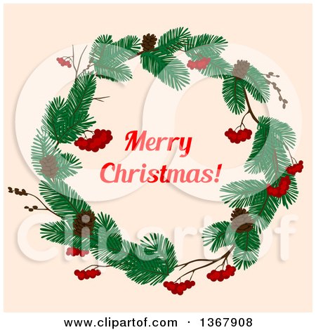 Clipart of a Merry Christmas Greeting in a Wreath with Berries and Pinecones over Beige - Royalty Free Vector Illustration by Vector Tradition SM