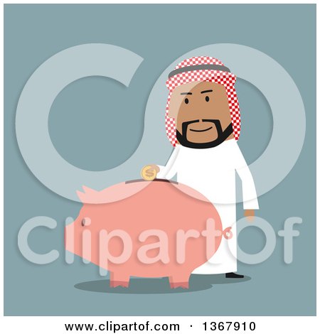 Clipart of a Flat Design Arabian Businessman Putting a Coin in a Piggy Bank, on Blue - Royalty Free Vector Illustration by Vector Tradition SM