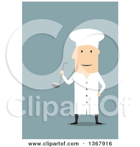 Clipart of a Flat Design White Male Chef Holding a Ladel, on Blue - Royalty Free Vector Illustration by Vector Tradition SM