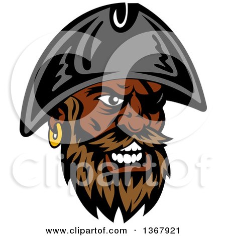 Clipart of a Cartoon Tough Black Male Pirate Captain with a Beard, Wearing an Eye Patch and Hat - Royalty Free Vector Illustration by Vector Tradition SM