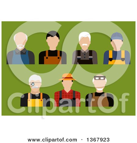 Clipart of Flat Design Farmer, Mechanic, Jeweler and Tailor Avatars on Green - Royalty Free Vector Illustration by Vector Tradition SM