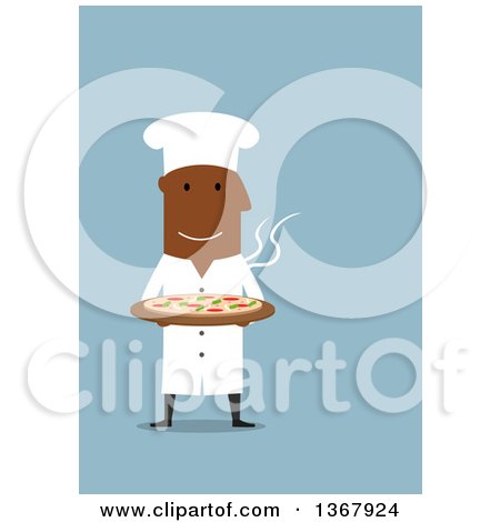 Clipart of a Flat Design Black Male Chef Holding a Pizza, on Blue - Royalty Free Vector Illustration by Vector Tradition SM
