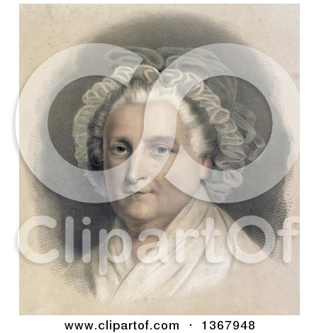 Historical Illustration of a Bust Portrait of Gray Haired Martha Washington Wearing a Bonnet and Shawl - Royalty Free Illustration by JVPD