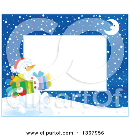 Clipart of a Horizontal Christmas Frame Border of a Crescent Moon and Snowman Carrying Gifts - Royalty Free Vector Illustration by Alex Bannykh
