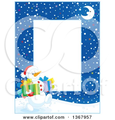 Clipart of a Vertical Christmas Frame Border of a Crescent Moon and Snowman Carrying Gifts - Royalty Free Vector Illustration by Alex Bannykh