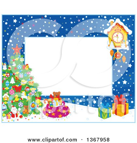Clipart of a Horizontal Frame Border of a Clock, Snow and Christmas Tree - Royalty Free Vector Illustration by Alex Bannykh