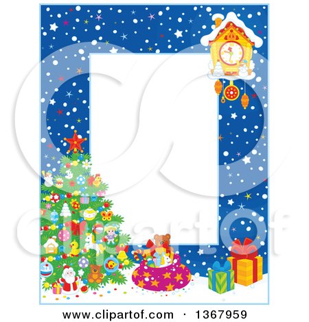 Clipart of a Vertical Frame Border of a Clock, Snow and Christmas Tree - Royalty Free Vector Illustration by Alex Bannykh