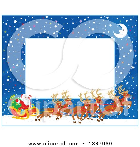 Clipart of a Horizontal Christmas Frame Border of a Crescent Moon, Snow and Santa with His Magic Reindeer and Sleigh - Royalty Free Vector Illustration by Alex Bannykh