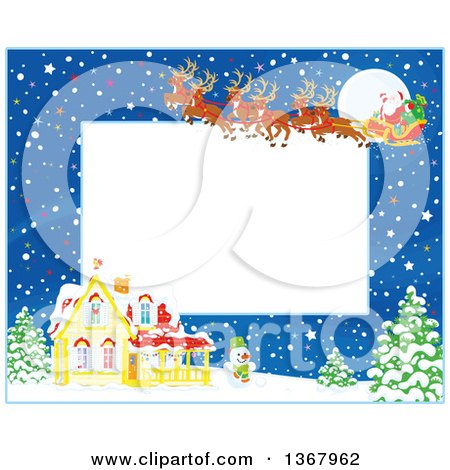 Clipart of a Horizontal Christmas Frame Border of a Full Moon, Snow and Santa with His Magic Reindeer and Sleigh Flying over a House - Royalty Free Vector Illustration by Alex Bannykh