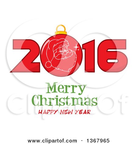 Clipart of a Santa Face on a Bauble in a Red New Year 2016 over Merry Christmas Happy New Year Greeting - Royalty Free Vector Illustration by Hit Toon