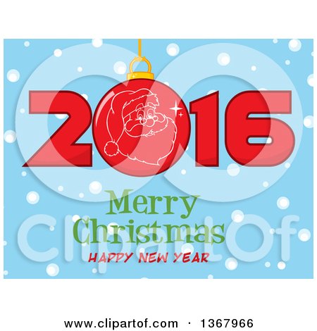 Clipart of a Santa Face on a Bauble in a Red New Year 2016 over Snow and a Merry Christmas Happy New Year Greeting on Blue - Royalty Free Vector Illustration by Hit Toon