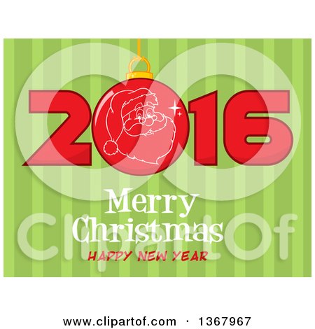 Clipart of a Santa Face on a Bauble in a Red New Year 2016 over Merry Christmas Happy New Year Greeting and Green Stripes - Royalty Free Vector Illustration by Hit Toon