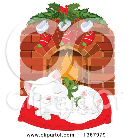Clipart of a Cute White Kitten and Cat Sleeping on a Pillow in Front of a Fireplace with Christmas Stockings - Royalty Free Vector Illustration by Pushkin
