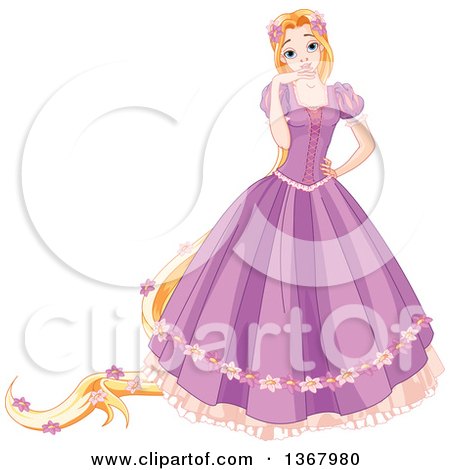 Clipart of a Princess Rapunzel with Long Hair Decorated in Flowers, Wearing a Long Purple Dress - Royalty Free Vector Illustration by Pushkin