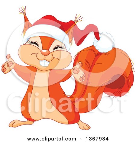 Clipart of a Cute Red Squirrel Welcoming and Wearing a Christmas Santa Hat - Royalty Free Vector Illustration by Pushkin