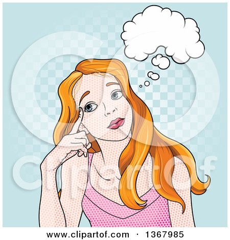 Clipart of a Comic Dot Styled Red Haired Caucasian Woman Touching Her Temple and Thinking, over Checkers - Royalty Free Vector Illustration by Pushkin