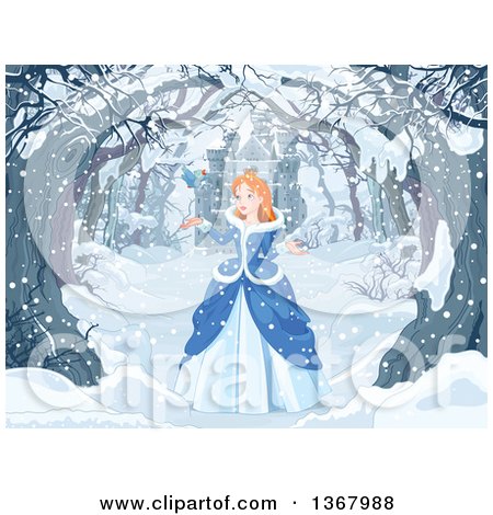 Clipart of a Red Haired, Blue Eyed Caucasian Princess Talking to a Bird on a Tree Lined Snowy Winter Path near a Castle - Royalty Free Vector Illustration by Pushkin