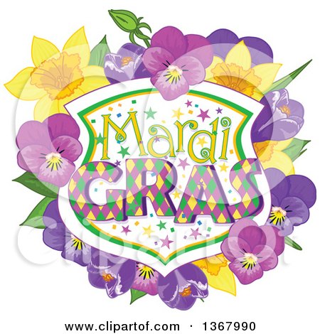 Clipart of a Mardi Gras Shield with Daffodils, Crocuses and Pansies - Royalty Free Vector Illustration by Pushkin