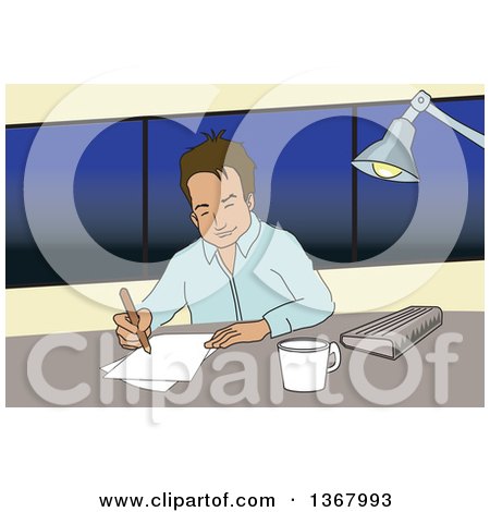 Clipart of a Relaxed Brunette Man Writing at His Office Desk - Royalty Free Vector Illustration by David Rey