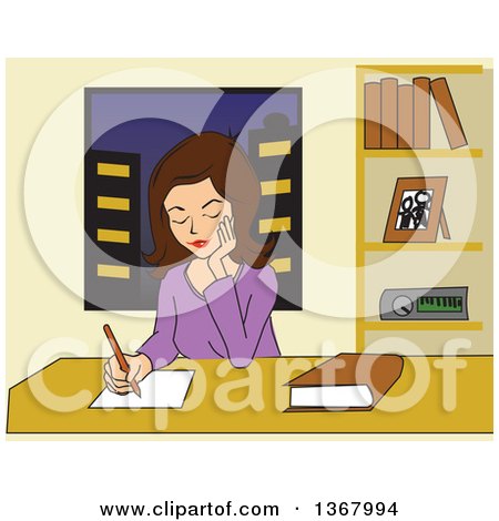 Clipart of a Relaxed Brunette Woman Writing at Her Office Desk - Royalty Free Vector Illustration by David Rey